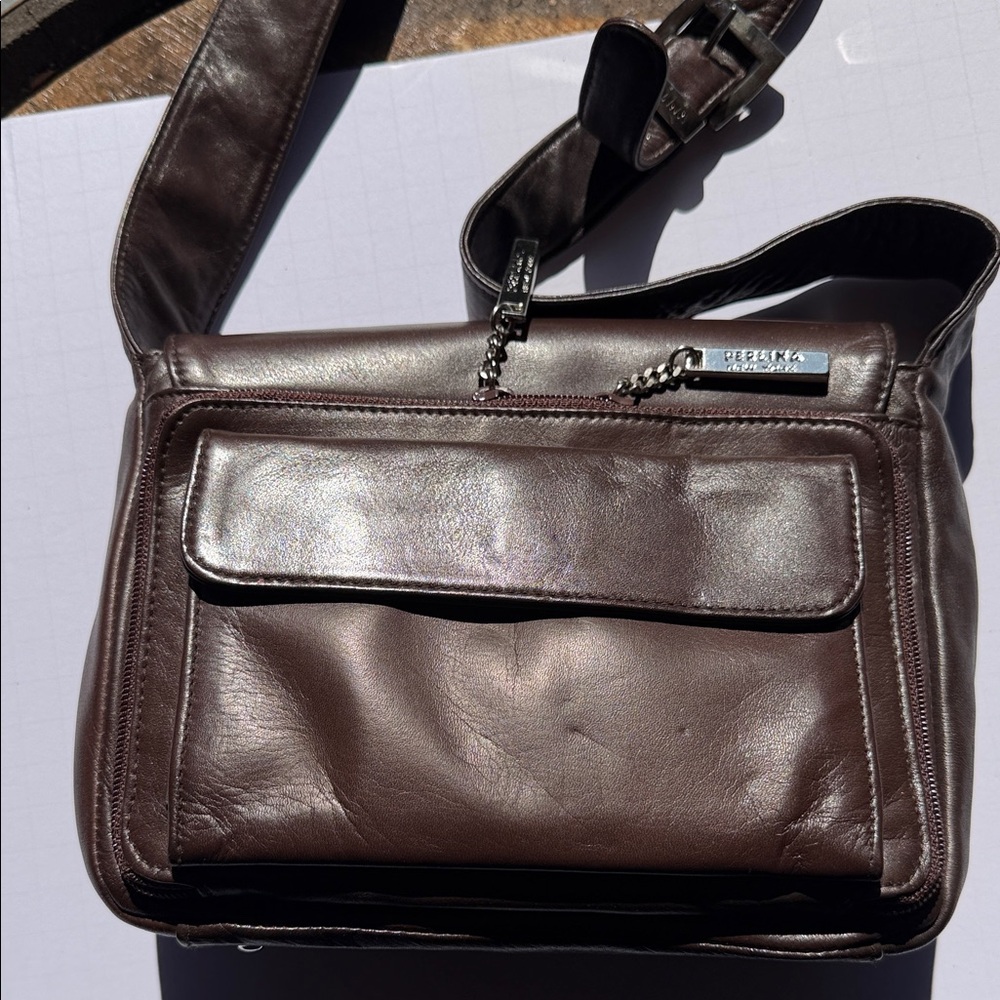 Perlina Leather Crossbody Bag with Front Logo Plaque - Dark Brown - Picture 8 of 9
